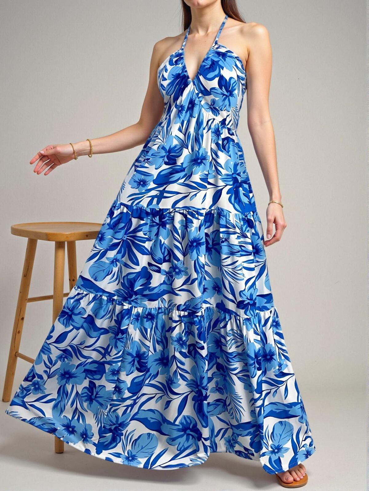 Elegant Blue and White Floral Print Spaghetti Strap V-Neck Pleated A-Line Dress with Tie-Back Bow for Stylish Summer Vacations - Chic, Classy and Trendy Fashion Style to Dress to Impress - Image 4