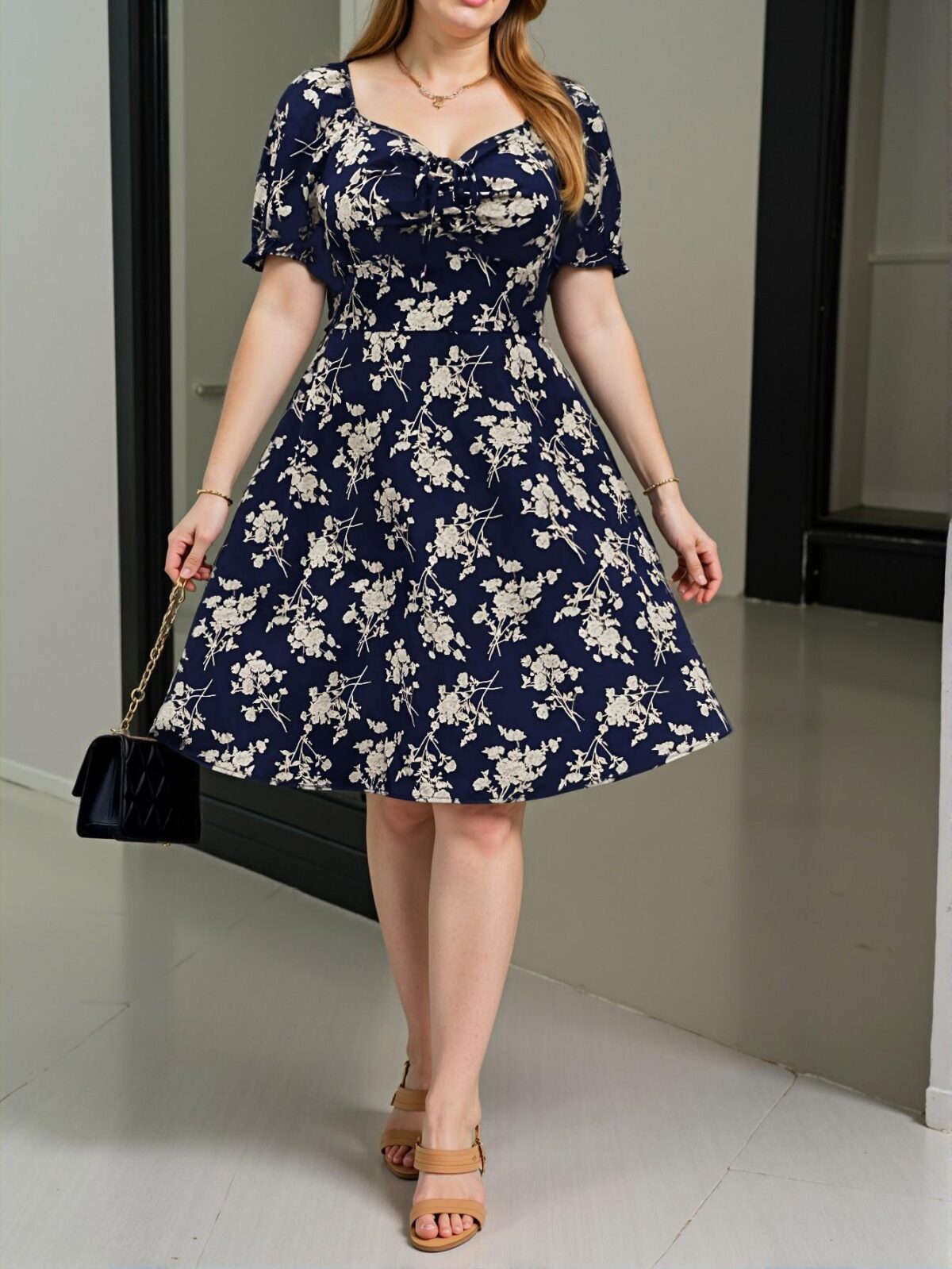 Elegant Blue Flared A-Line Dress with Sweetheart Neckline and Puff Sleeves - Chic, Classy and Trendy Fashion Style to Dress to Impress - Image 5