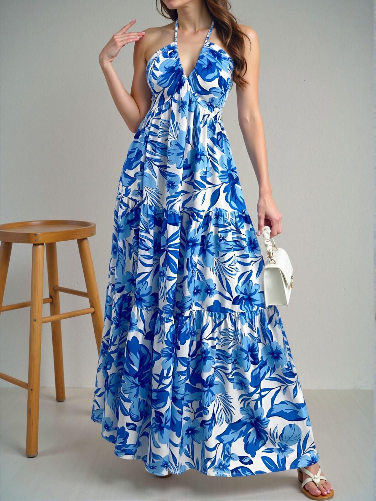 Elegant Blue and White Floral Print Spaghetti Strap V-Neck Pleated A-Line Dress with Tie-Back Bow for Stylish Summer Vacations - Chic, Classy and Trendy Fashion Style to Dress to Impress - Image 5