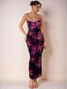 Elegant Multicolor Floral-Print Maxi Dress with Lace Trim and Spaghetti Straps, Curve-Hugging Design Perfect for Vacation, Romantic Date Nights, or Wedding Guests – Chic, Classy, and Trendy Fashion Style to Dress to Impress