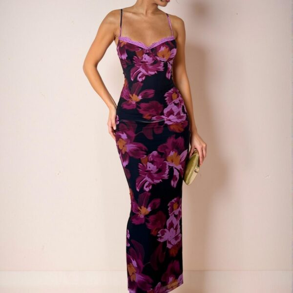 Elegant Multicolor Floral-Print Maxi Dress with Lace Trim and Spaghetti Straps, Curve-Hugging Design Perfect for Vacation, Romantic Date Nights, or Wedding Guests – Chic, Classy, and Trendy Fashion Style to Dress to Impress