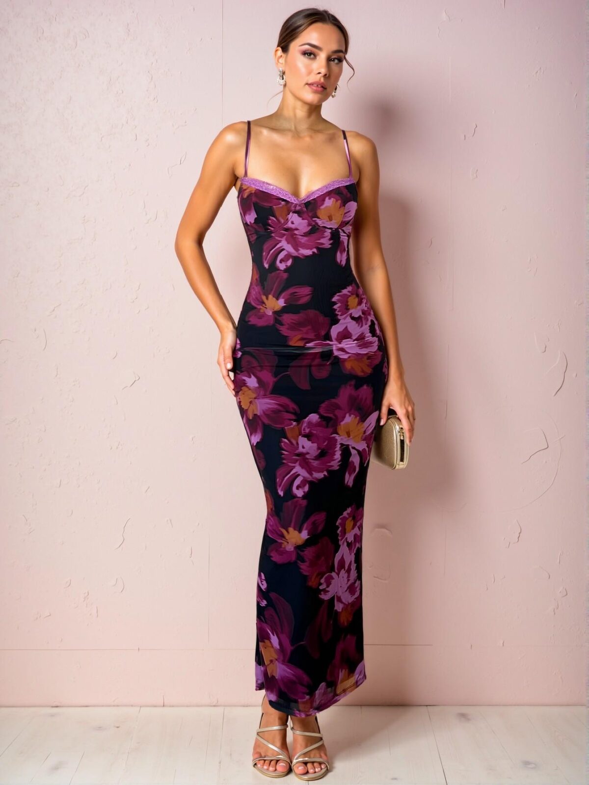 Elegant Multicolor Floral-Print Maxi Dress with Lace Trim and Spaghetti Straps, Curve-Hugging Design Perfect for Vacation, Romantic Date Nights, or Wedding Guests – Chic, Classy, and Trendy Fashion Style to Dress to Impress - Image 3