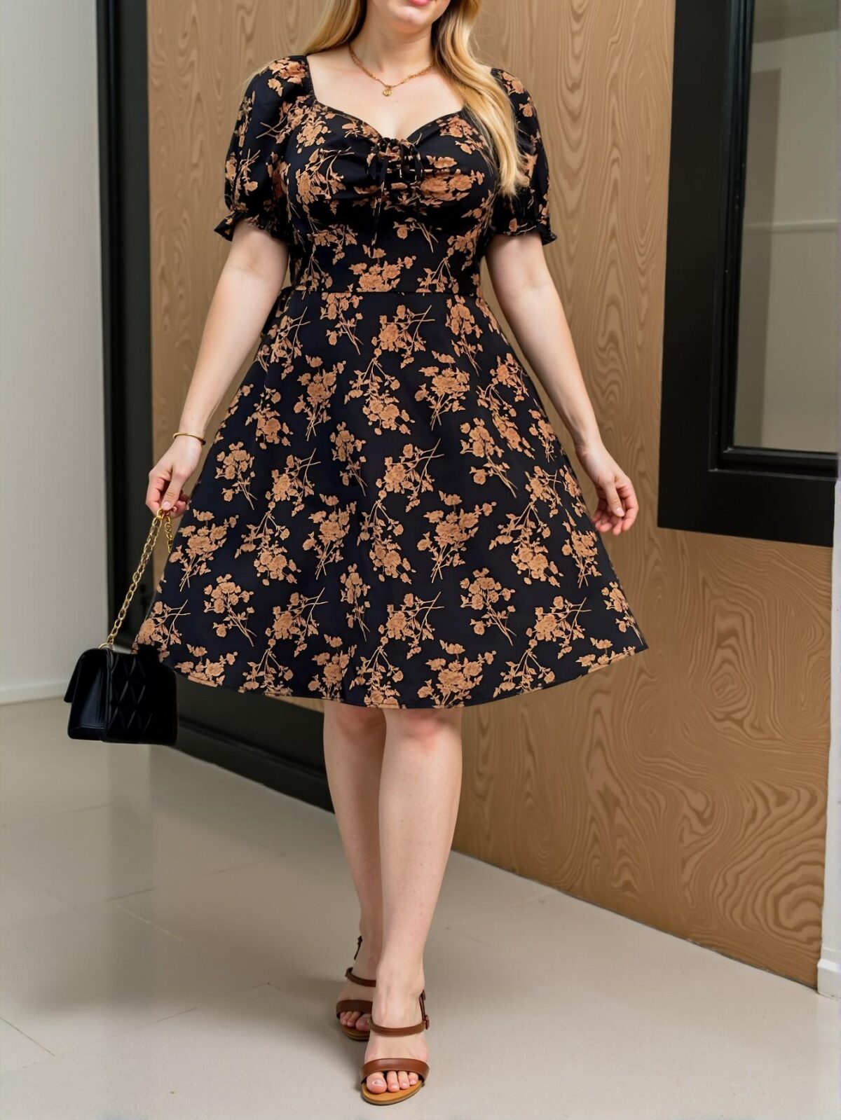 Elegant Multicolor Puff Sleeve Floral A-Line Knee Length Dress - Chic, Classy and Trendy Fashion Style to Dress to Impress - Image 3