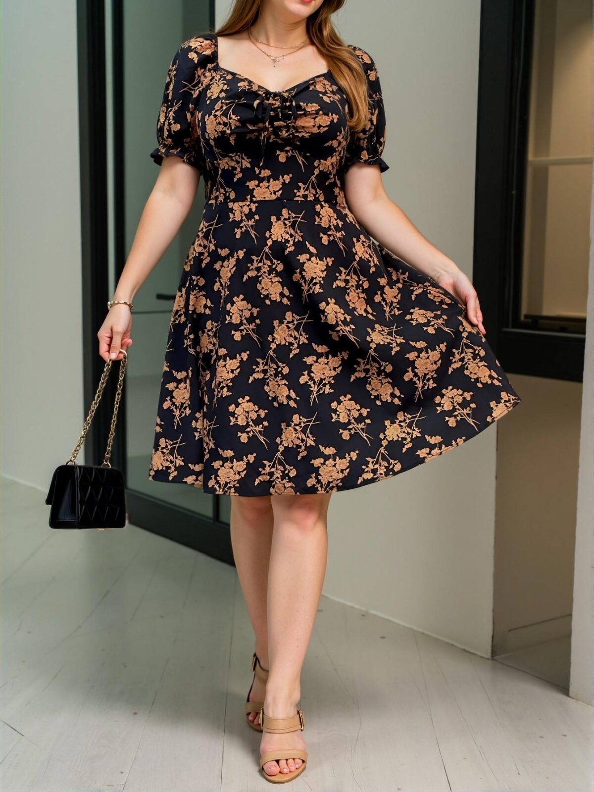 Elegant Multicolor Puff Sleeve Floral A-Line Knee Length Dress - Chic, Classy and Trendy Fashion Style to Dress to Impress - Image 5