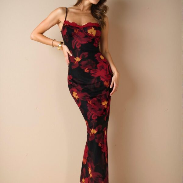 Elegant Red Curve-Hugging Floral Print Bodycon Dress with Lace Trim for Vacation, Date, Bridesmaid, and Wedding Celebrations - Chic, Classy and Trendy Fashion Style to Dress to Impress