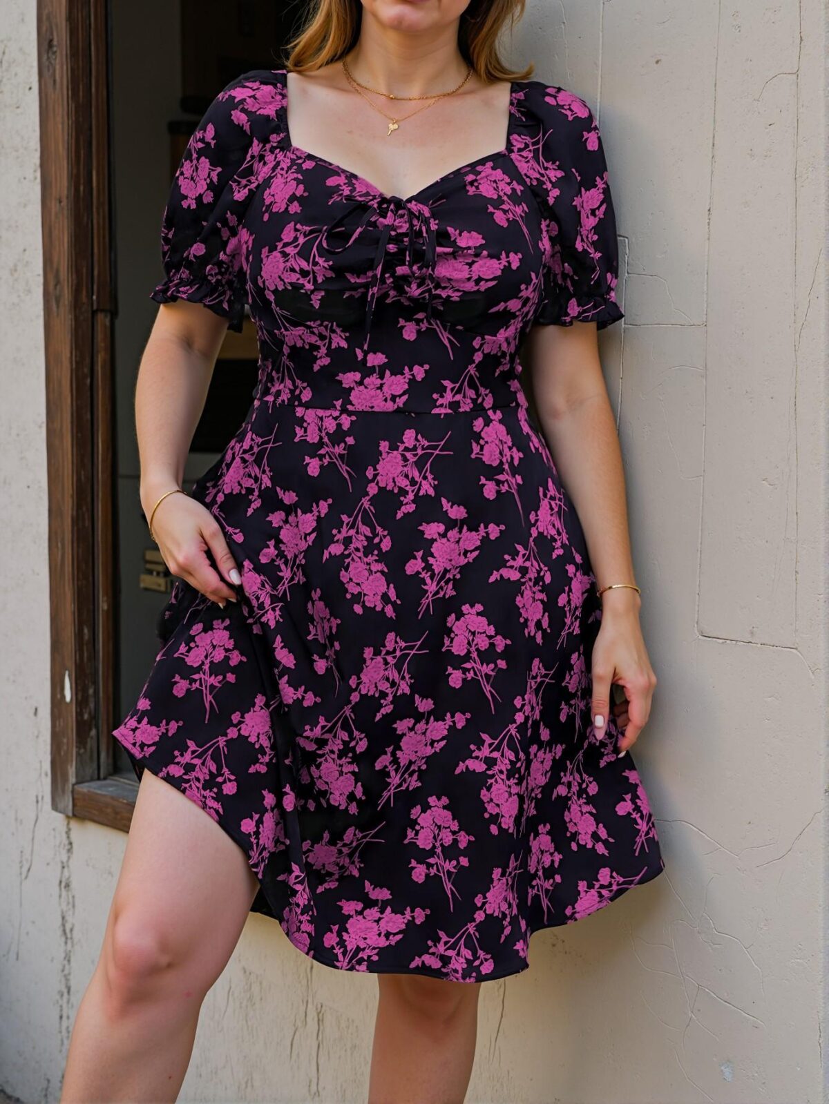 Elegant Purple A-Line Floral V-Neck Short Sleeve Knee-Length Dress - Chic, Classy and Trendy Fashion Style to Dress to Impress