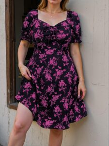 Elegant Purple A-Line Floral V-Neck Short Sleeve Knee-Length Dress - Chic, Classy and Trendy Fashion Style to Dress to Impress