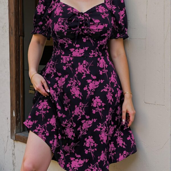 Elegant Purple A-Line Floral V-Neck Short Sleeve Knee-Length Dress - Chic, Classy and Trendy Fashion Style to Dress to Impress