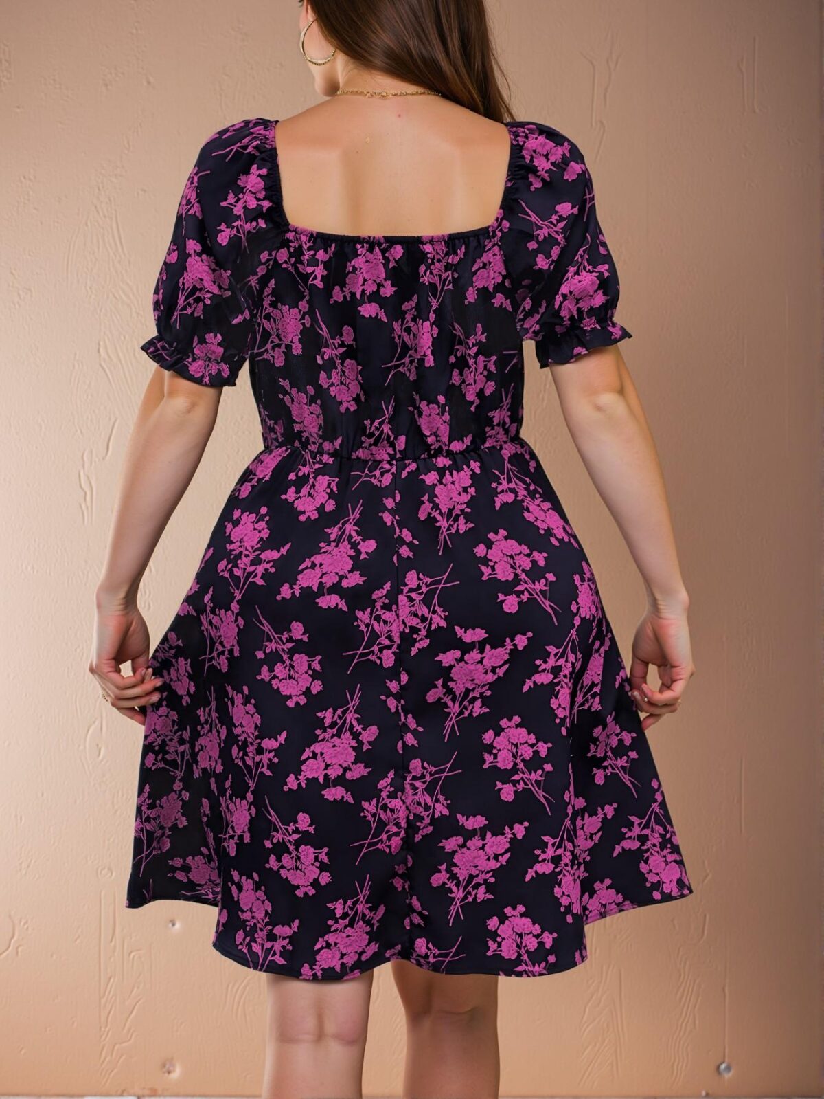 Elegant Purple A-Line Floral V-Neck Short Sleeve Knee-Length Dress - Chic, Classy and Trendy Fashion Style to Dress to Impress - Image 2