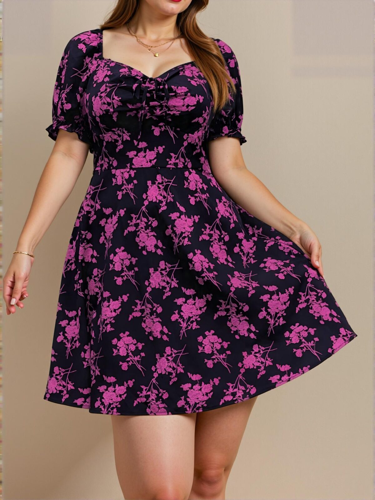 Elegant Purple A-Line Floral V-Neck Short Sleeve Knee-Length Dress - Chic, Classy and Trendy Fashion Style to Dress to Impress - Image 3