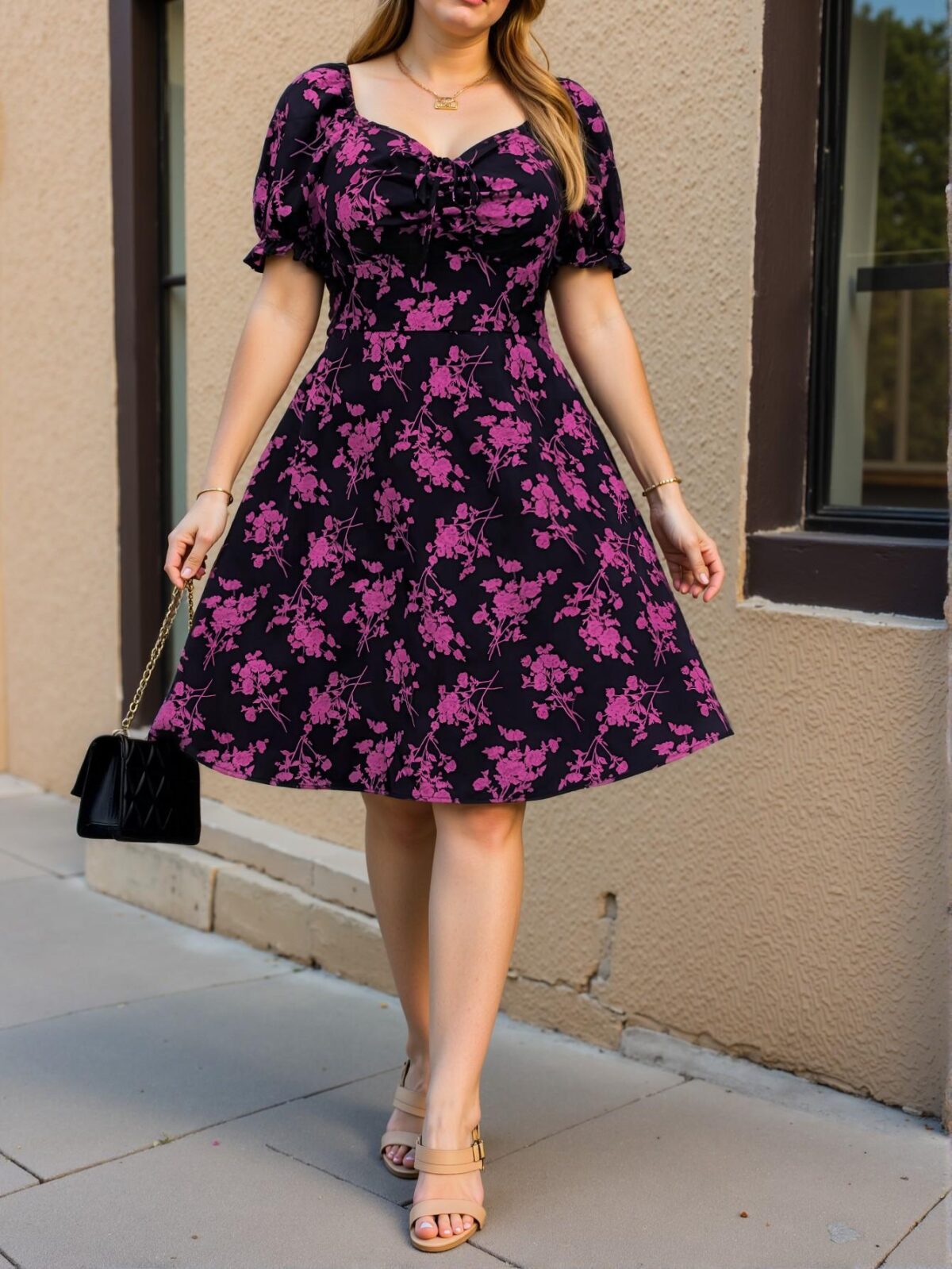 Elegant Purple A-Line Floral V-Neck Short Sleeve Knee-Length Dress - Chic, Classy and Trendy Fashion Style to Dress to Impress - Image 4