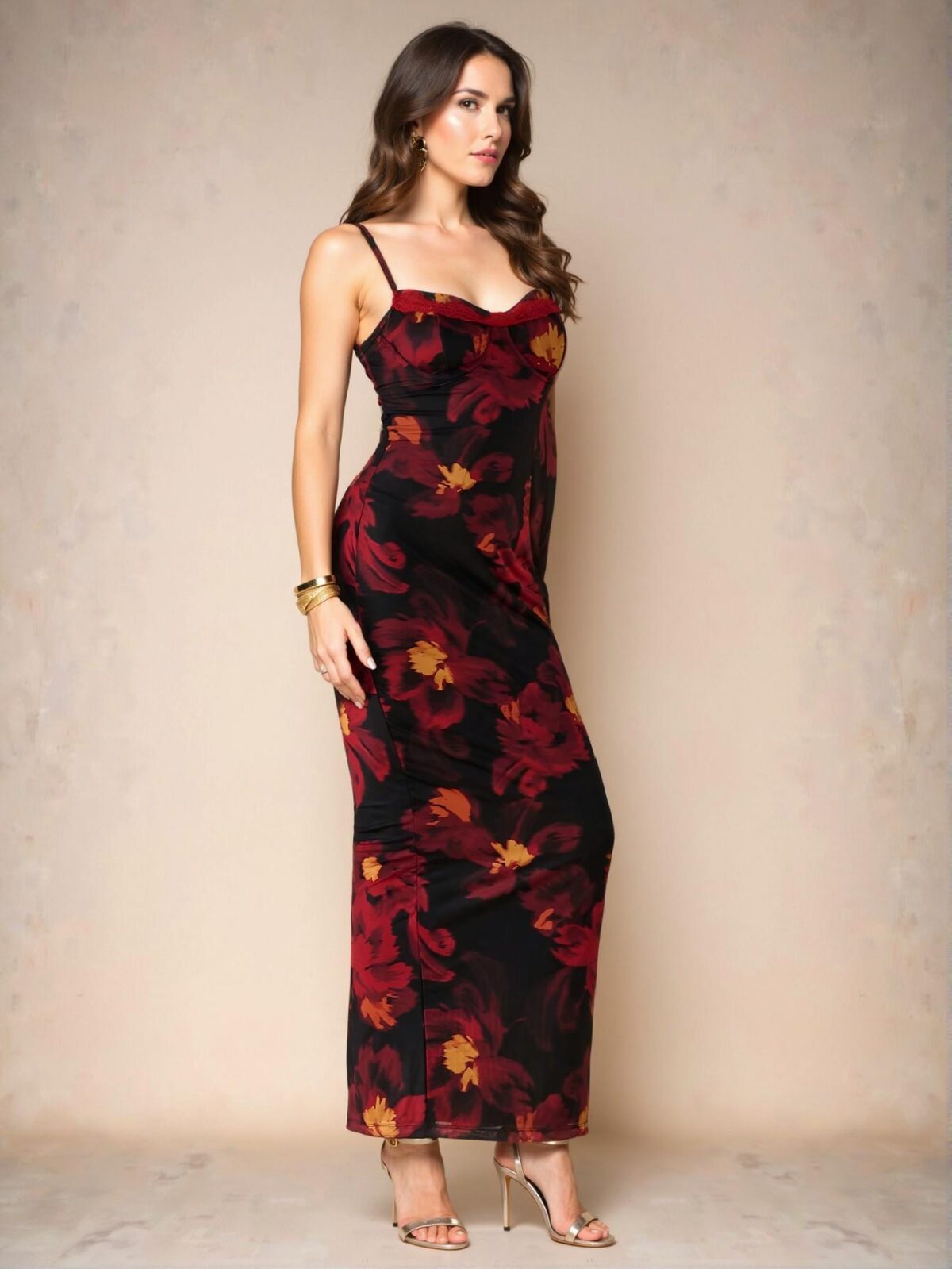 Elegant Red Curve-Hugging Floral Print Bodycon Dress with Lace Trim for Vacation, Date, Bridesmaid, and Wedding Celebrations - Chic, Classy and Trendy Fashion Style to Dress to Impress - Image 5