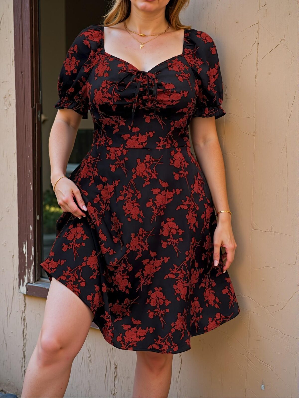 Elegant Red Plus Size Ditsy Floral V-Neck Short Sleeve Knee-Length Dress – Chic, Classy and Trendy Fashion Style to Dress to Impress