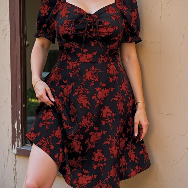Elegant Red Plus Size Ditsy Floral V-Neck Short Sleeve Knee-Length Dress – Chic, Classy and Trendy Fashion Style to Dress to Impress