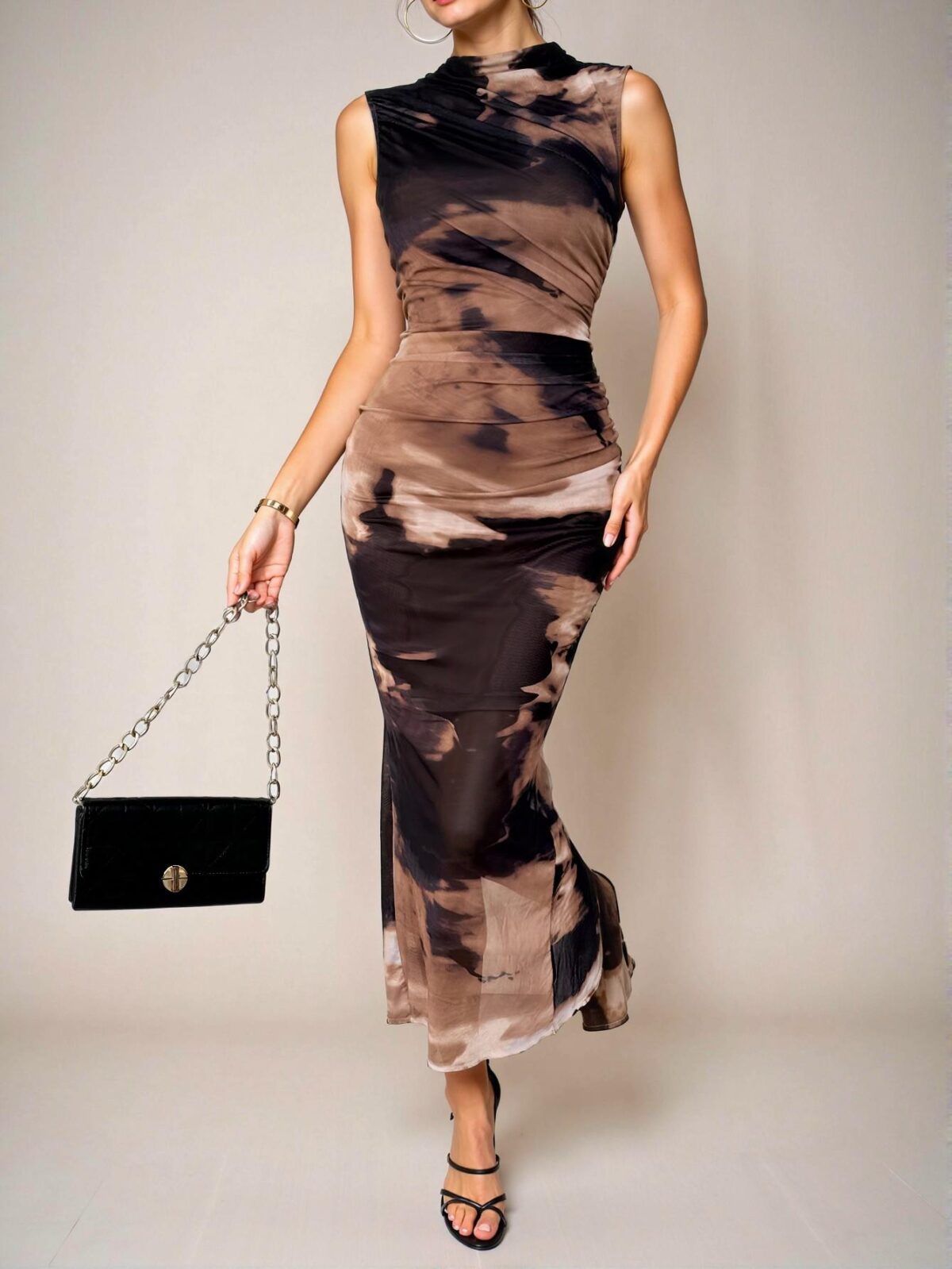Elegant Multicolor Stylish Tie-Dye Bodycon Maxi Dress with Gathered Waist for Spring and Summer Chic, Classy and Trendy Fashion Style to Dress to Impress