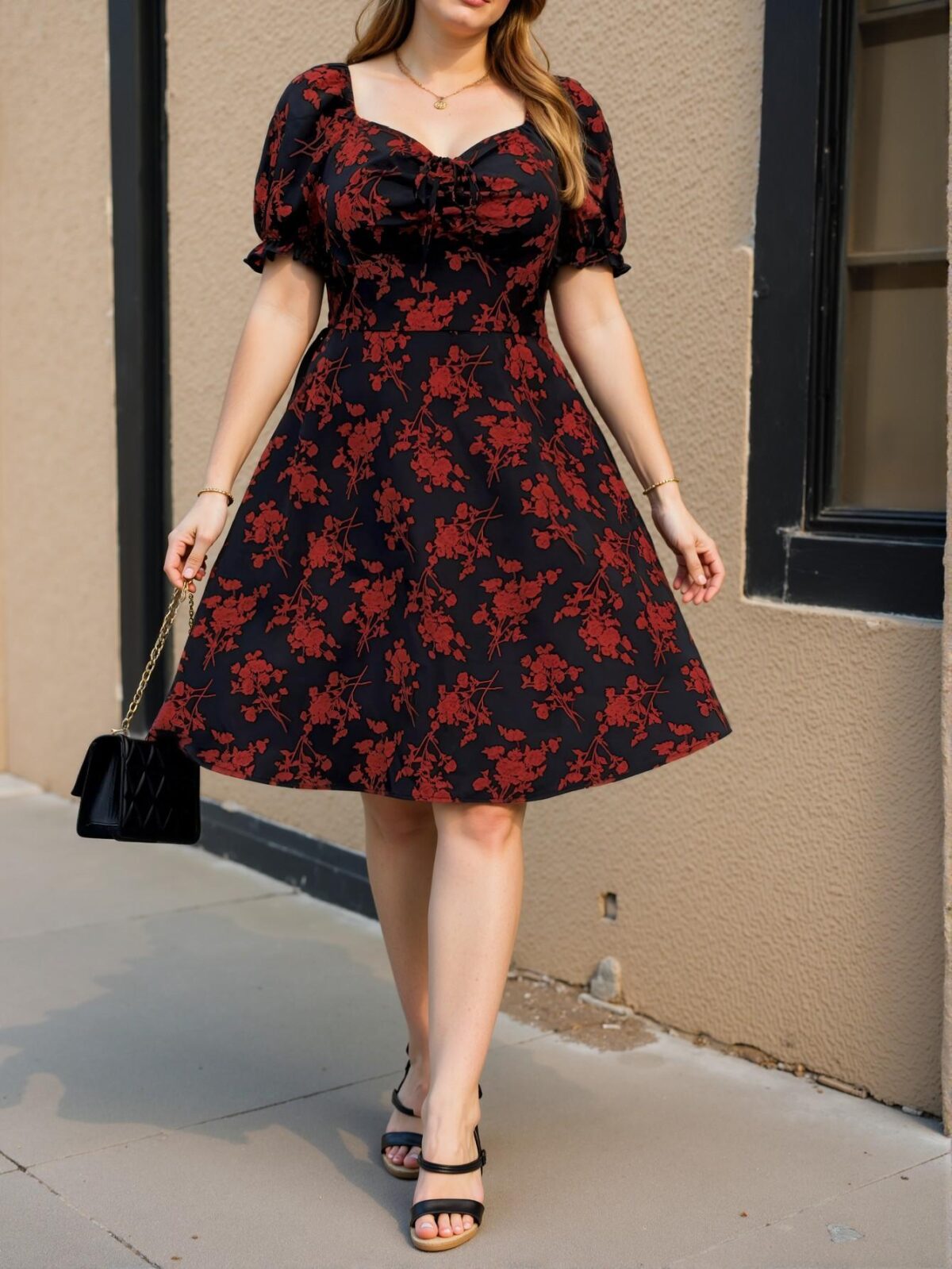 Elegant Red Plus Size Ditsy Floral V-Neck Short Sleeve Knee-Length Dress – Chic, Classy and Trendy Fashion Style to Dress to Impress - Image 4