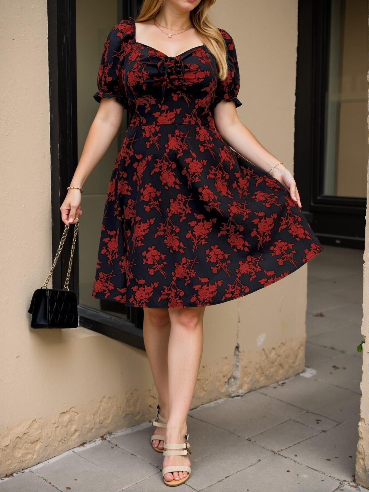 Elegant Red Plus Size Ditsy Floral V-Neck Short Sleeve Knee-Length Dress – Chic, Classy and Trendy Fashion Style to Dress to Impress - Image 5
