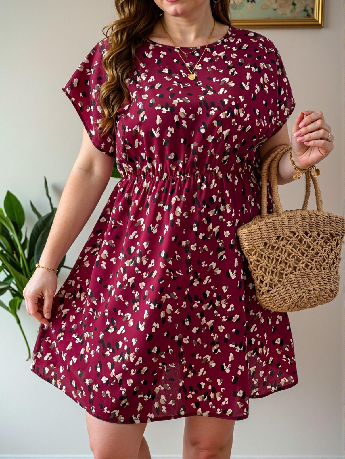 Elegant Burgundy Bohemian Floral Print Round Neck Batwing Sleeve Casual Beach Dress, Perfect for Summer Holiday Outfits – Chic, Classy and Trendy Fashion Style to Dress to Impress.