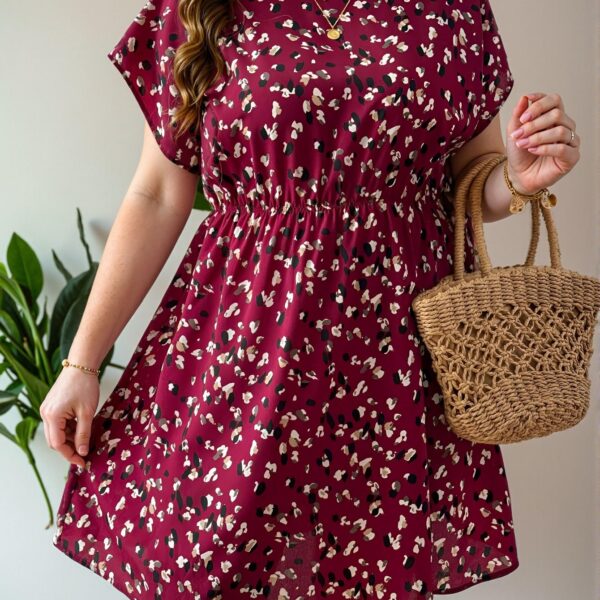 Elegant Burgundy Bohemian Floral Print Round Neck Batwing Sleeve Casual Beach Dress, Perfect for Summer Holiday Outfits – Chic, Classy and Trendy Fashion Style to Dress to Impress.