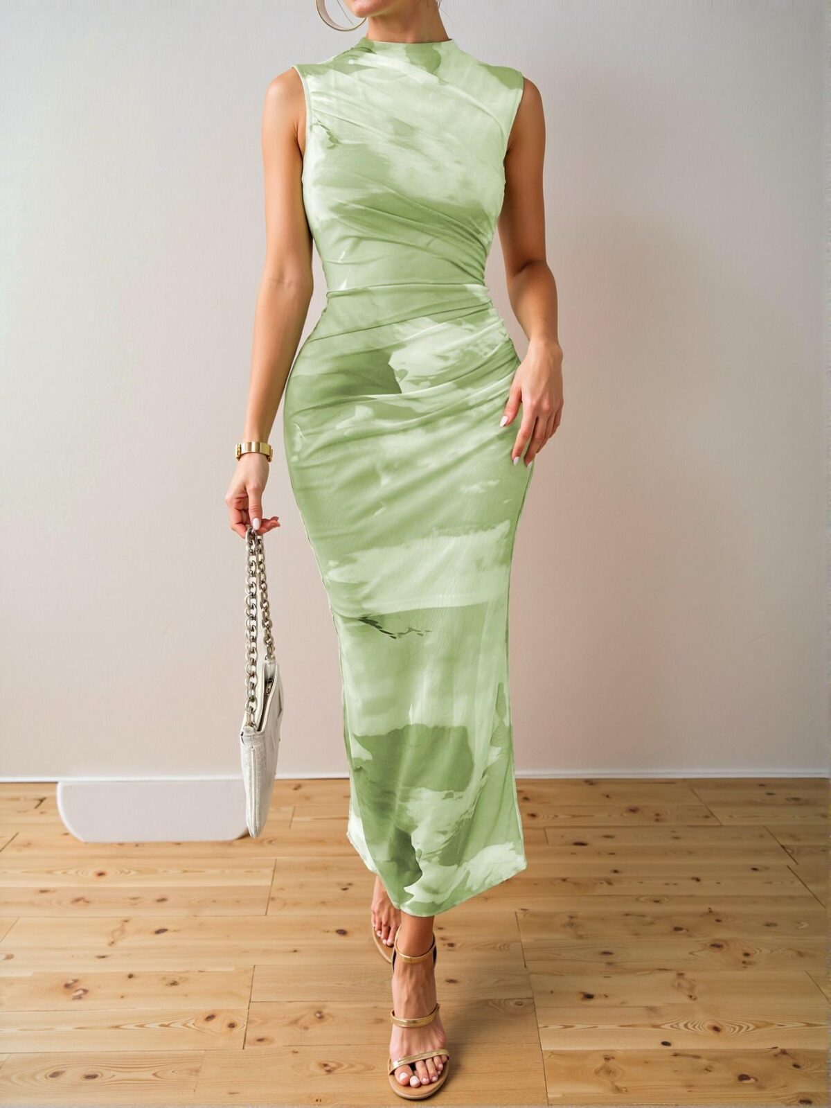 Elegant Multicolor Stylish Tie Dye Mock Neck Mesh Bodycon Maxi Dress for Spring and Summer - Chic, Classy and Trendy Fashion Style to Dress to Impress - Image 3