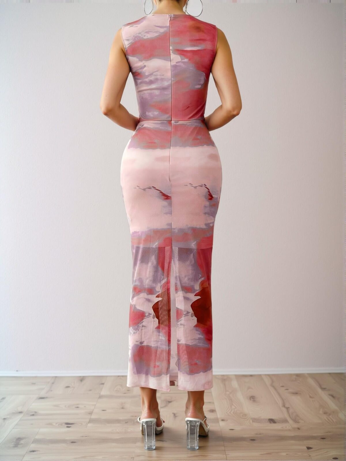 Elegant Pink Trendy Summer Tie Dye Print Stand Collar Slim Long Dress for Spring and Summer - Chic, Classy and Trendy Fashion Style to Dress to Impress - Image 2