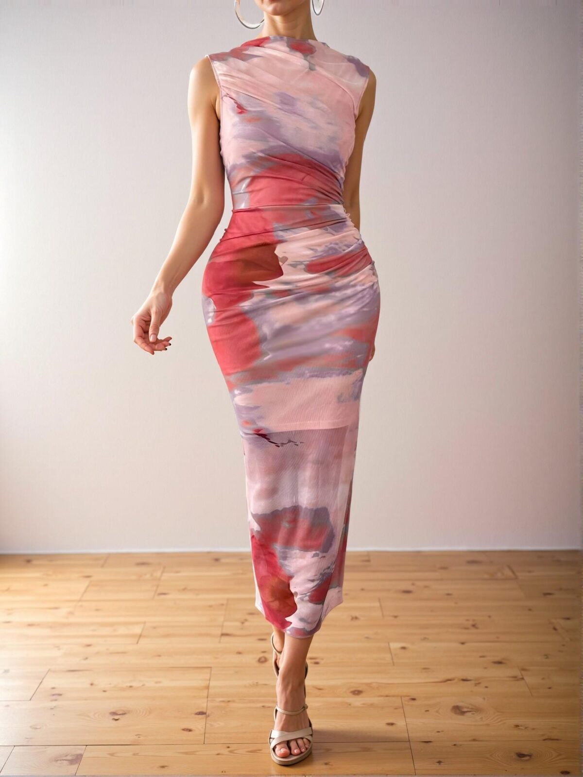 Elegant Pink Trendy Summer Tie Dye Print Stand Collar Slim Long Dress for Spring and Summer - Chic, Classy and Trendy Fashion Style to Dress to Impress - Image 4