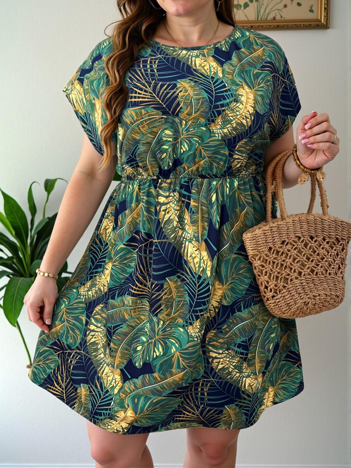 Elegant Green Tropical Plant Print Batwing Sleeve Casual Summer Dress for Graduation and Vacation Outfits - Chic, Classy and Trendy Fashion Style to Dress to Impress - Image 4