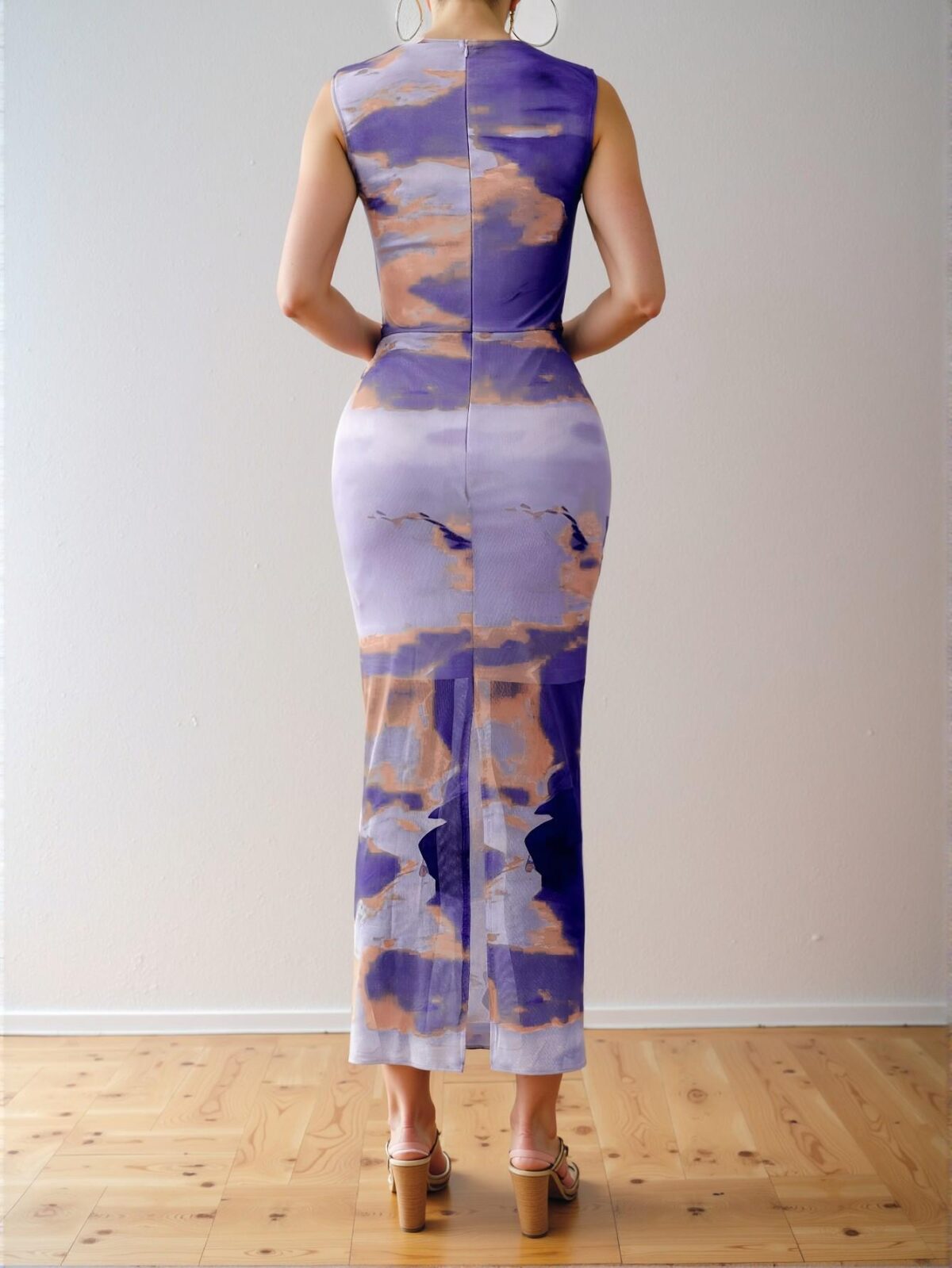 Elegant Mauve Purple Pleated Slim Long Maxi Dress with Tie Dye Print for Spring and Summer - Chic, Classy, and Trendy Fashion Style to Dress to Impress - Image 2