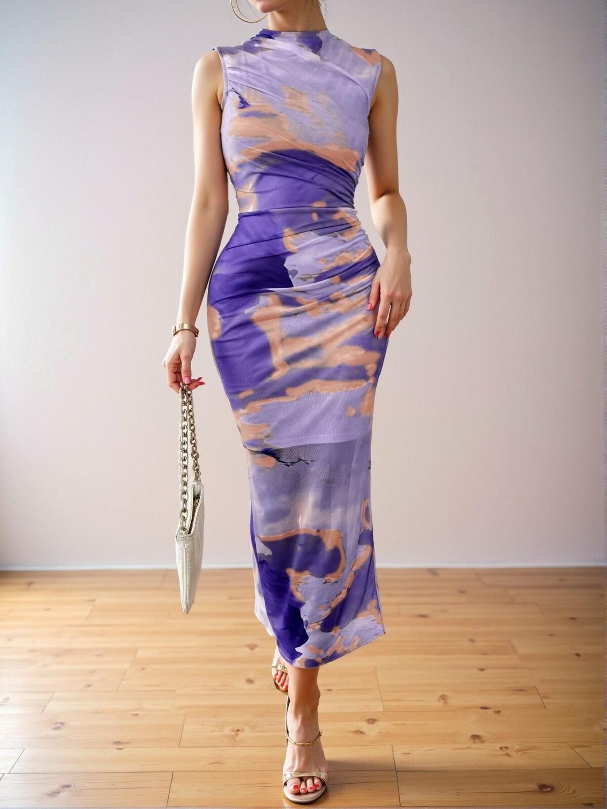 Elegant Mauve Purple Pleated Slim Long Maxi Dress with Tie Dye Print for Spring and Summer - Chic, Classy, and Trendy Fashion Style to Dress to Impress - Image 3