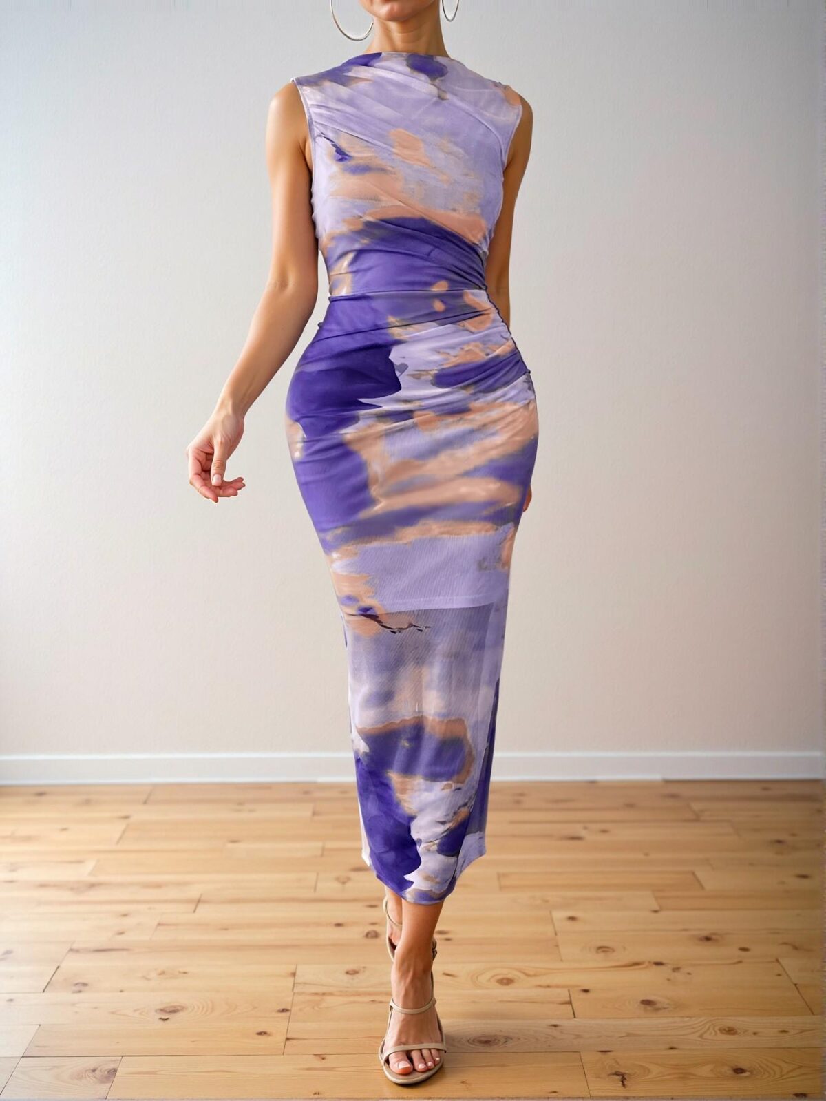 Elegant Mauve Purple Pleated Slim Long Maxi Dress with Tie Dye Print for Spring and Summer - Chic, Classy, and Trendy Fashion Style to Dress to Impress - Image 4