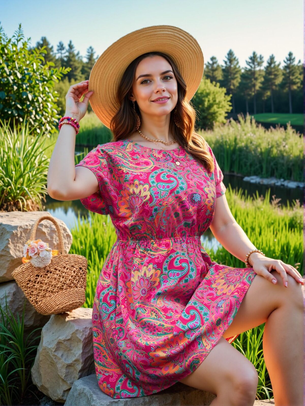 Elegant Hot Pink Boho-Inspired Plus Size Paisley Casual A-Line Dress for Summer Outings and Beach Days - Chic, Classy, and Trendy Fashion Style to Dress to Impress - Image 5