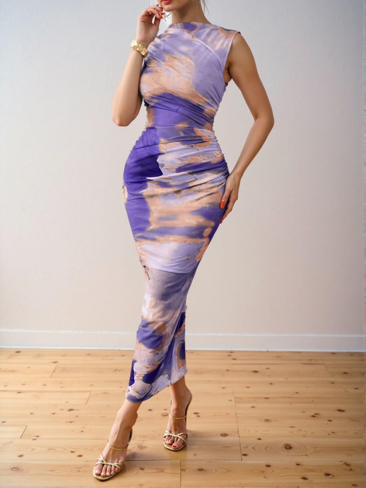 Elegant Mauve Purple Pleated Slim Long Maxi Dress with Tie Dye Print for Spring and Summer - Chic, Classy, and Trendy Fashion Style to Dress to Impress - Image 5