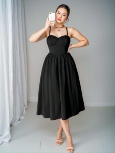 Elegant Black Flirty Cami Midi Dress with Spaghetti Straps and Criss Cross Back for a Romantic Valentine's Celebration - Chic, Classy and Trendy Fashion Style to Dress to Impress