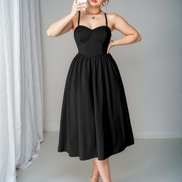 Elegant Black Flirty Cami Midi Dress with Spaghetti Straps and Criss Cross Back for a Romantic Valentine's Celebration - Chic, Classy and Trendy Fashion Style to Dress to Impress
