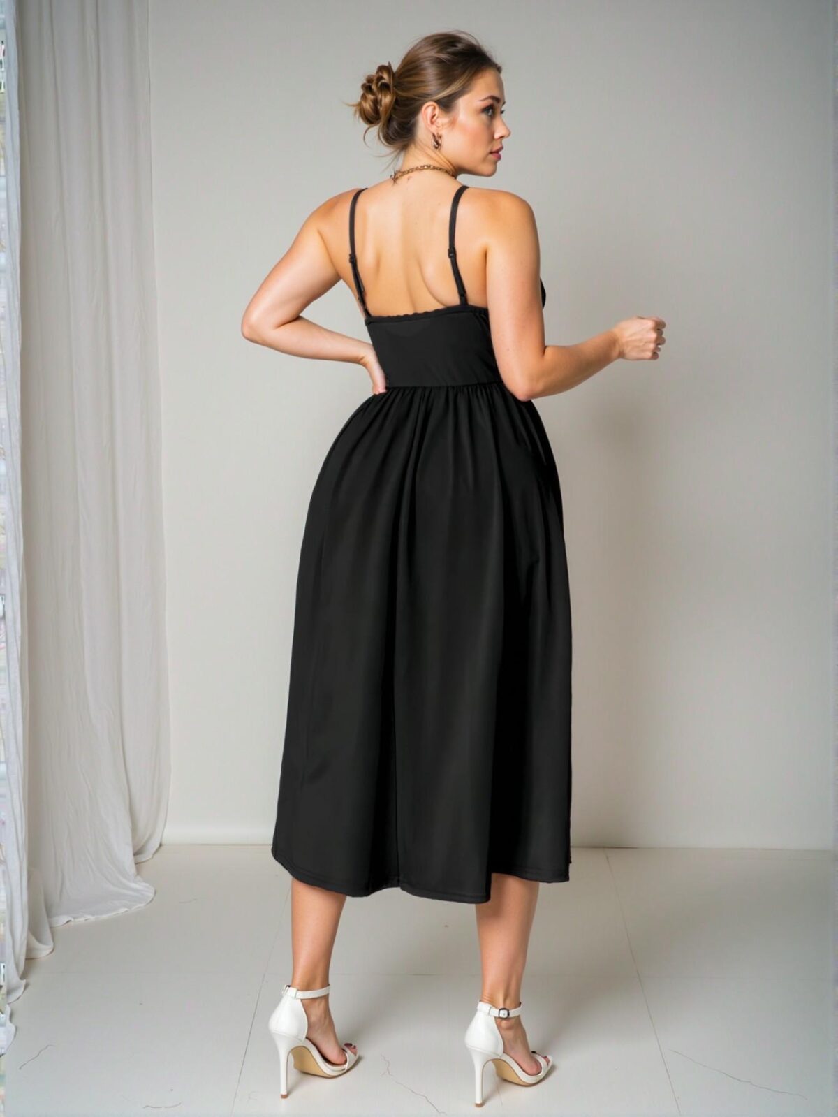 Elegant Black Flirty Cami Midi Dress with Spaghetti Straps and Criss Cross Back for a Romantic Valentine's Celebration - Chic, Classy and Trendy Fashion Style to Dress to Impress - Image 2