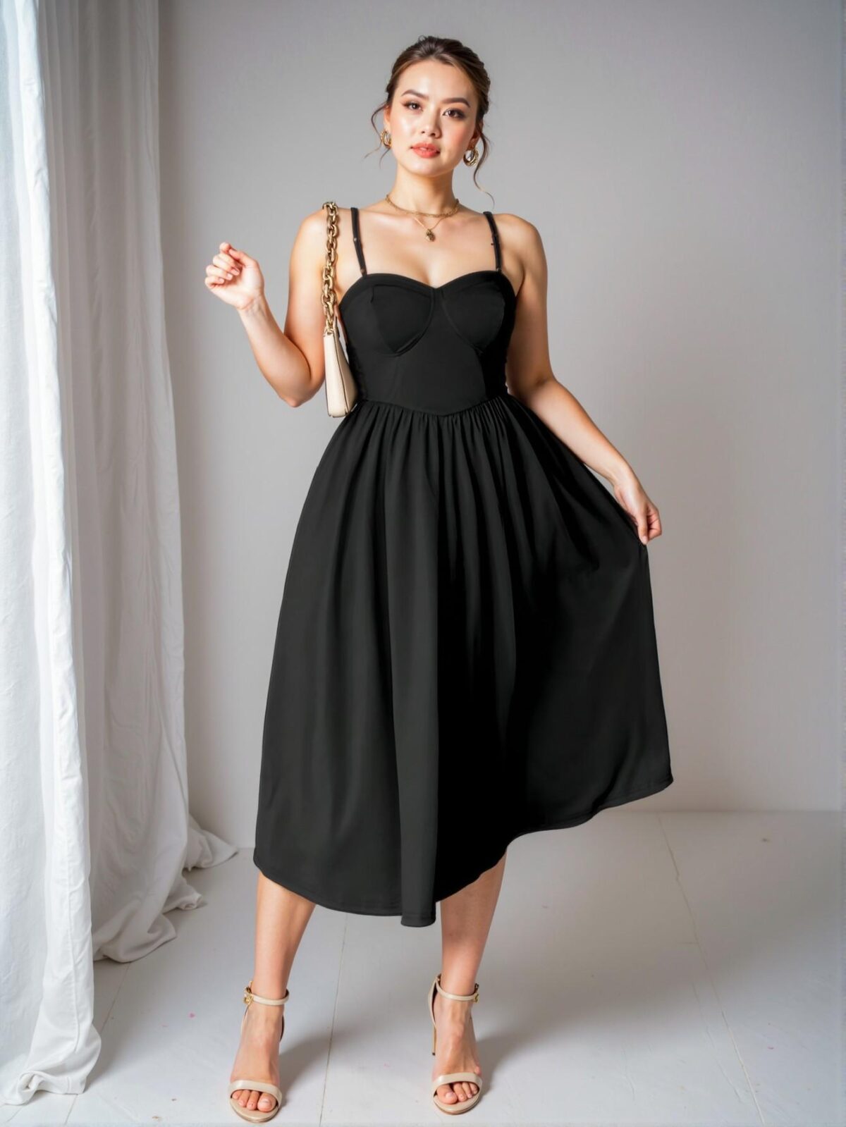 Elegant Black Flirty Cami Midi Dress with Spaghetti Straps and Criss Cross Back for a Romantic Valentine's Celebration - Chic, Classy and Trendy Fashion Style to Dress to Impress - Image 4