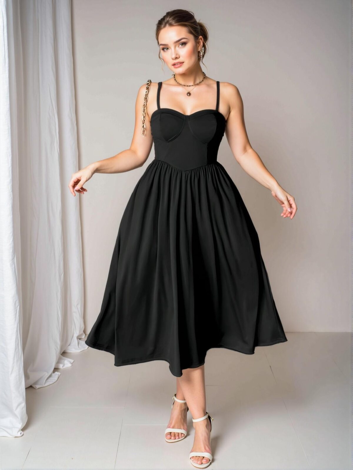Elegant Black Flirty Cami Midi Dress with Spaghetti Straps and Criss Cross Back for a Romantic Valentine's Celebration - Chic, Classy and Trendy Fashion Style to Dress to Impress - Image 5