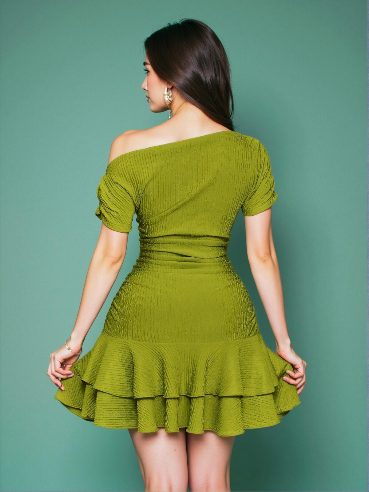 Elegant Green Asymmetrical Neck Short Sleeve Gathered Double Ruffle Mini Dress Perfect for Spring and Summer "Chic, Classy and Trendy Fashion Style to Dress to Impress" - Image 2