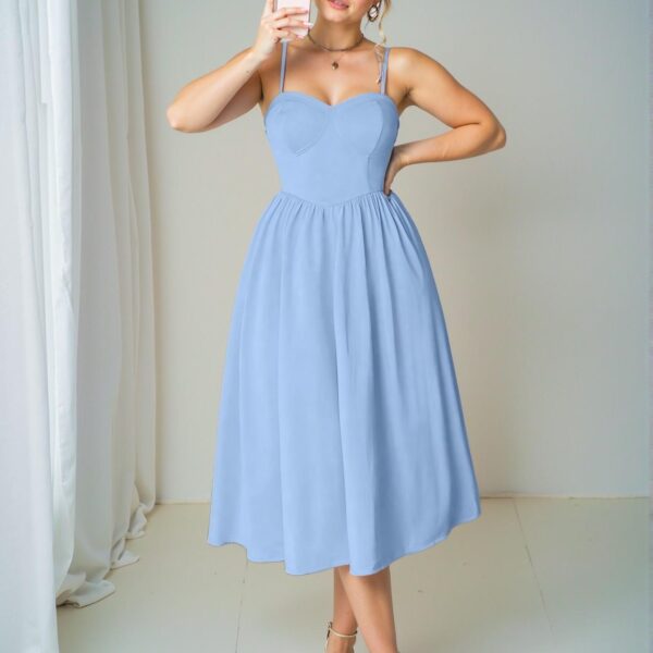Elegant Blue Flared Cami Dress with Spaghetti Straps and Backless Design Perfect for Valentine's Day Celebration - Chic, Classy and Trendy Fashion Style to Dress to Impress