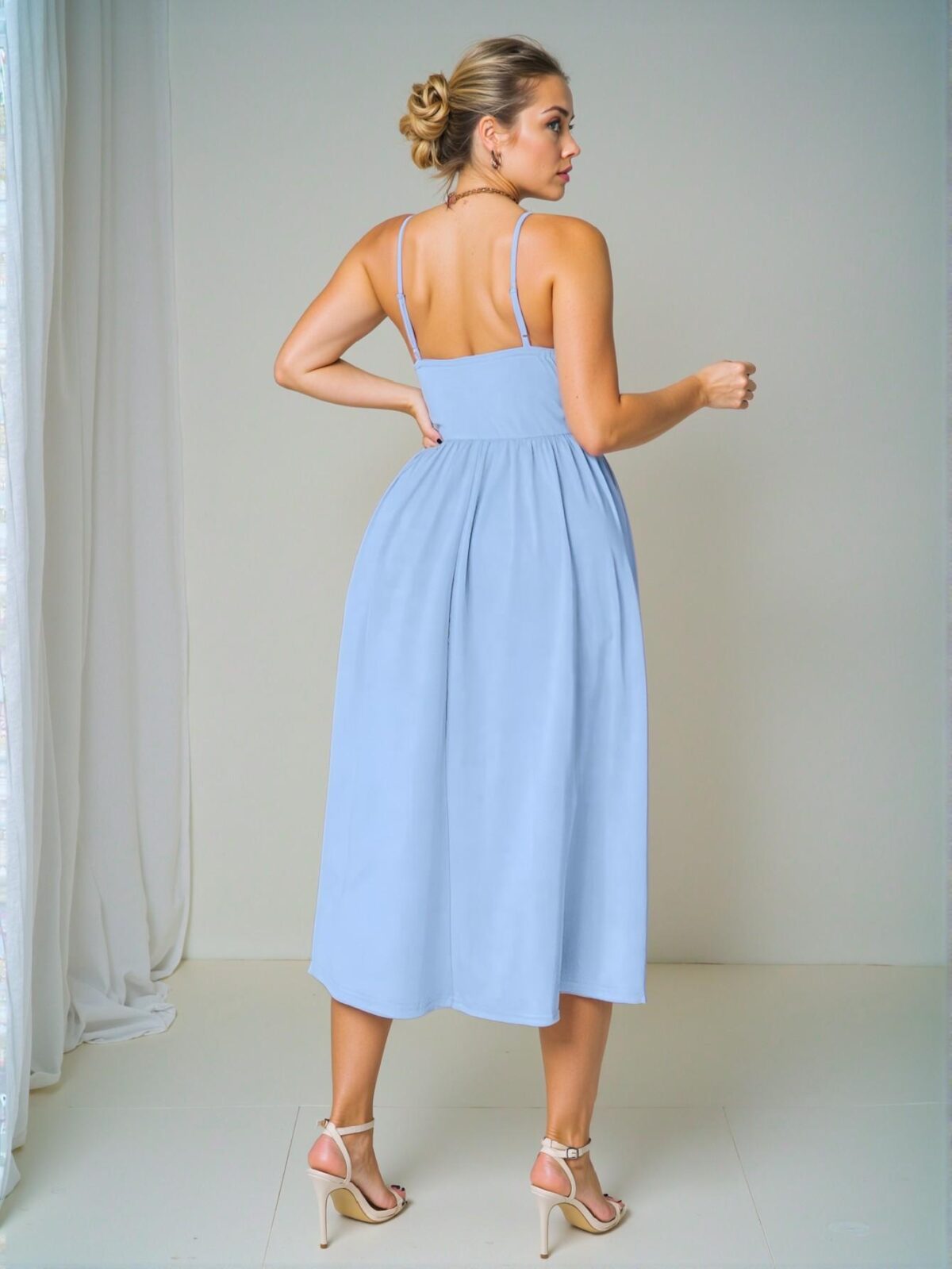 Elegant Blue Flared Cami Dress with Spaghetti Straps and Backless Design Perfect for Valentine's Day Celebration - Chic, Classy and Trendy Fashion Style to Dress to Impress - Image 2