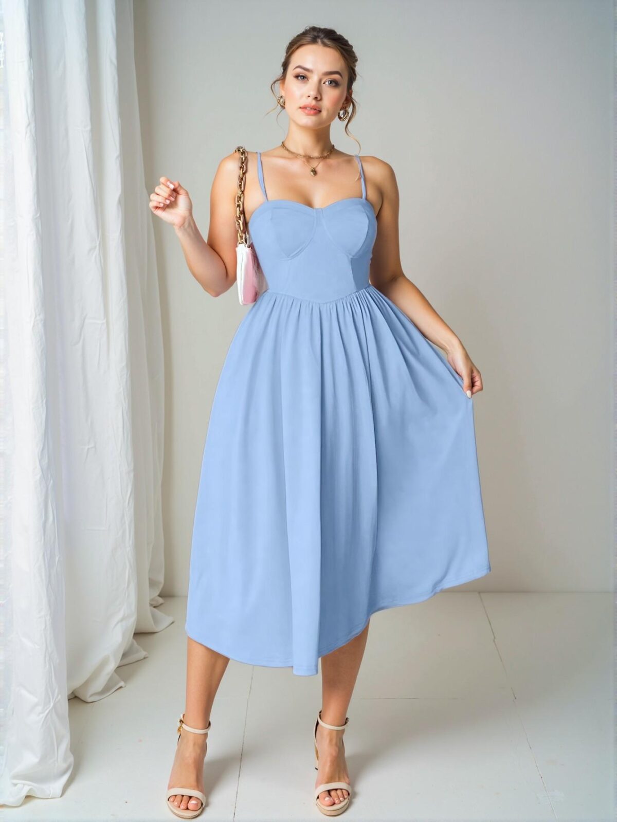 Elegant Blue Flared Cami Dress with Spaghetti Straps and Backless Design Perfect for Valentine's Day Celebration - Chic, Classy and Trendy Fashion Style to Dress to Impress - Image 4