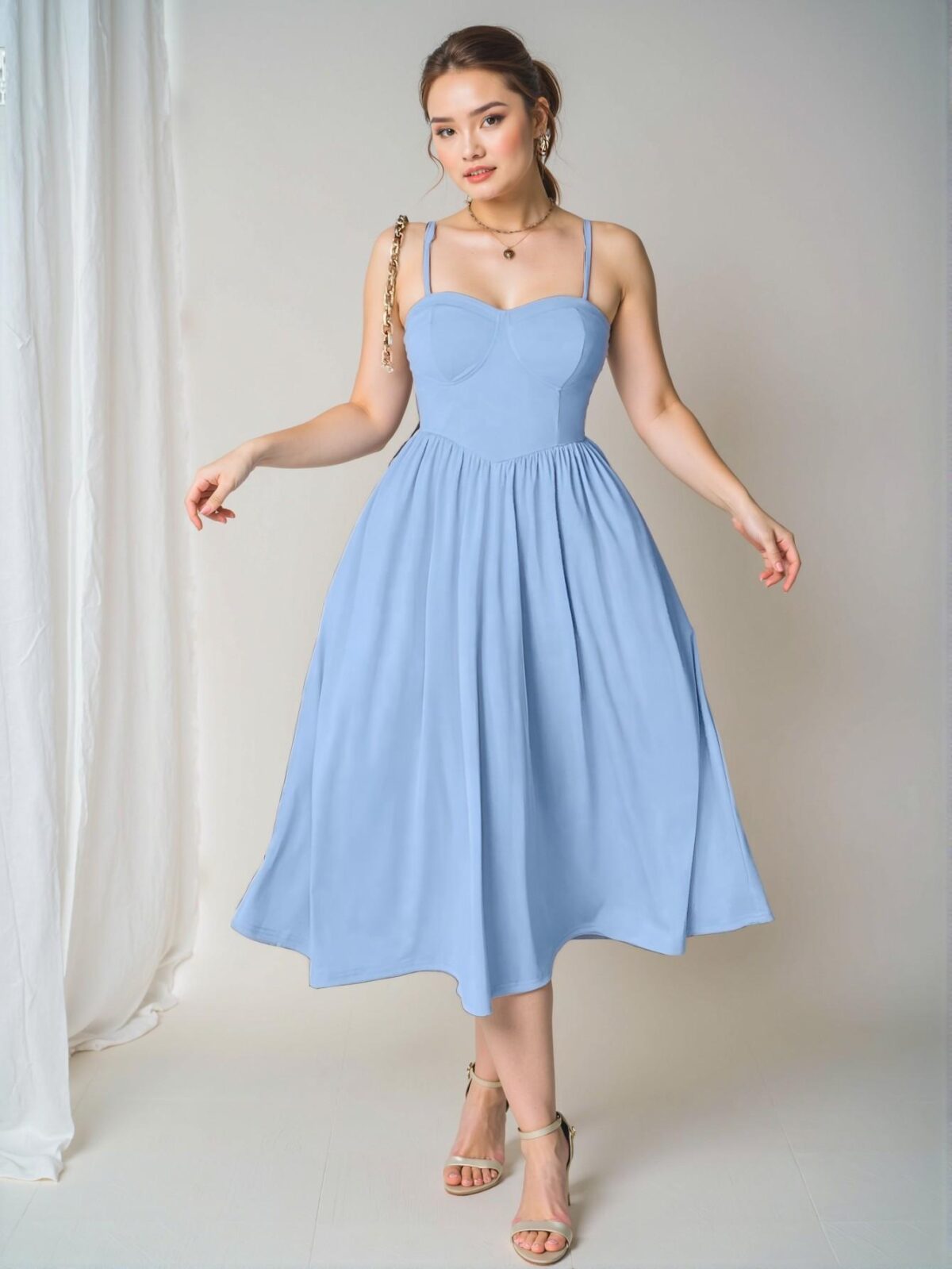 Elegant Blue Flared Cami Dress with Spaghetti Straps and Backless Design Perfect for Valentine's Day Celebration - Chic, Classy and Trendy Fashion Style to Dress to Impress - Image 5
