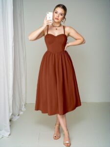 Elegant Brown Stretchy Knit Midi Cami Dress with Flared Hem and Backless Design for a Romantic Valentine's Day Look - Chic, Classy and Trendy Fashion Style to Dress to Impress