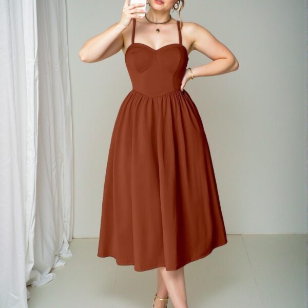 Elegant Brown Stretchy Knit Midi Cami Dress with Flared Hem and Backless Design for a Romantic Valentine's Day Look - Chic, Classy and Trendy Fashion Style to Dress to Impress