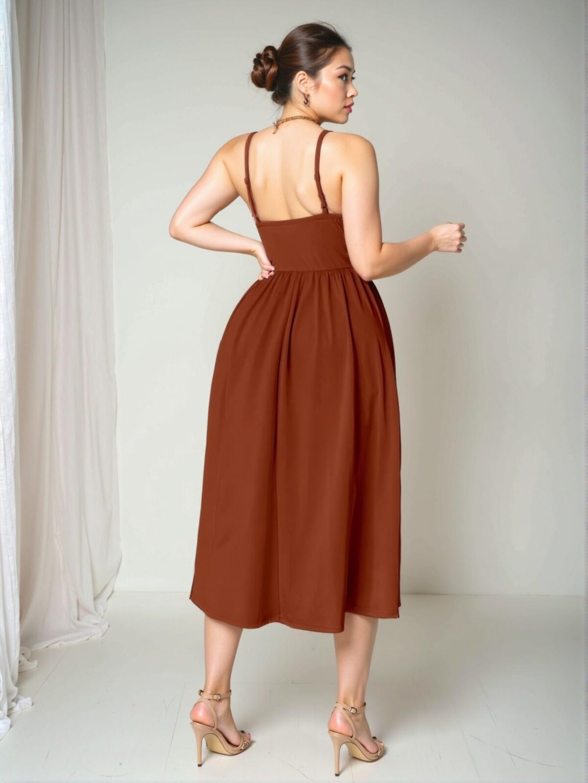 Elegant Brown Stretchy Knit Midi Cami Dress with Flared Hem and Backless Design for a Romantic Valentine's Day Look - Chic, Classy and Trendy Fashion Style to Dress to Impress - Image 2