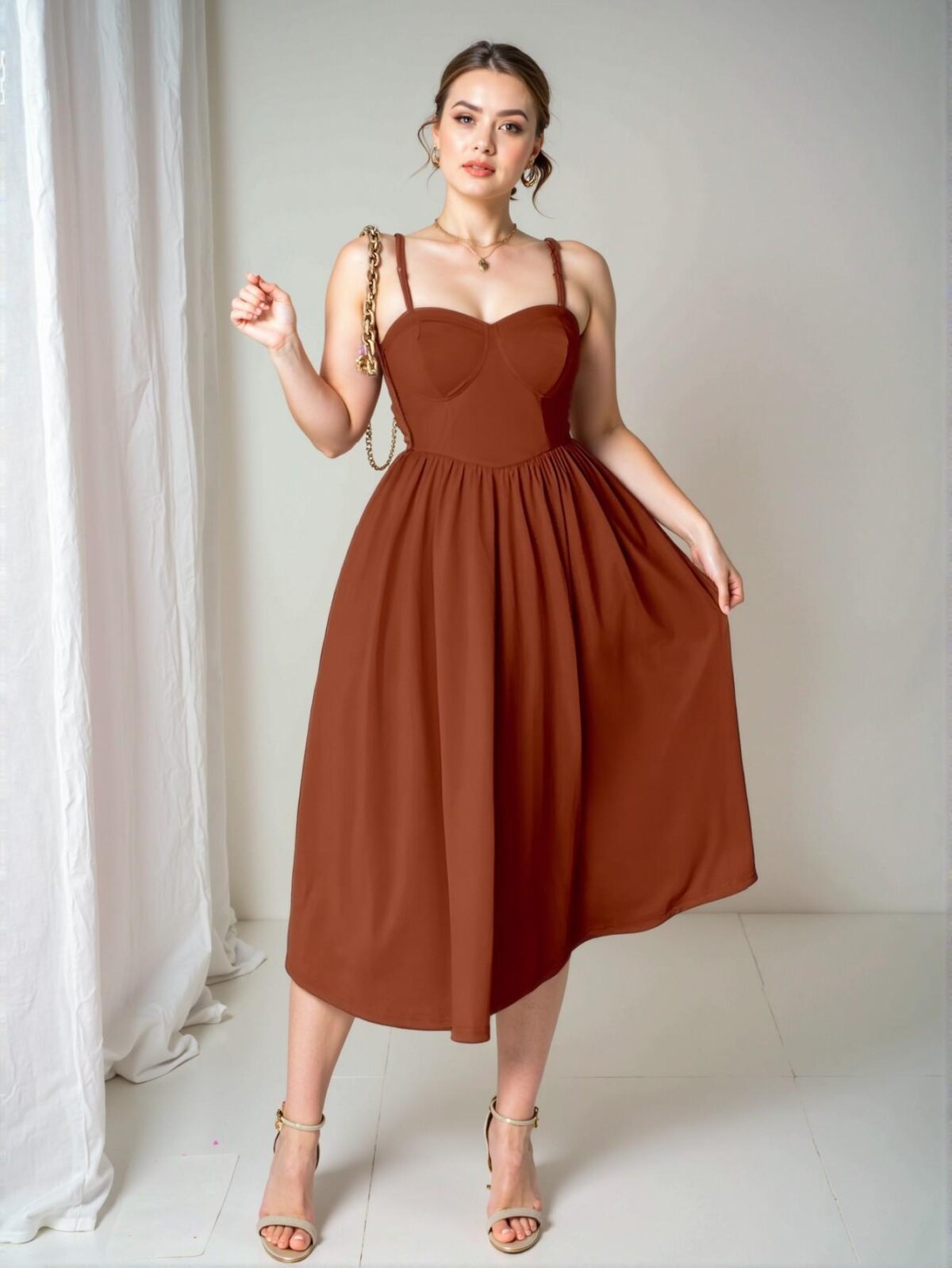 Elegant Brown Stretchy Knit Midi Cami Dress with Flared Hem and Backless Design for a Romantic Valentine's Day Look - Chic, Classy and Trendy Fashion Style to Dress to Impress - Image 4