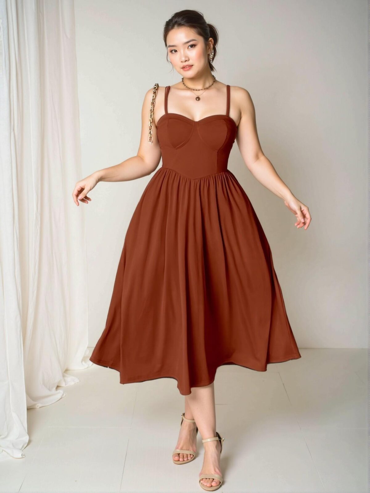 Elegant Brown Stretchy Knit Midi Cami Dress with Flared Hem and Backless Design for a Romantic Valentine's Day Look - Chic, Classy and Trendy Fashion Style to Dress to Impress - Image 5
