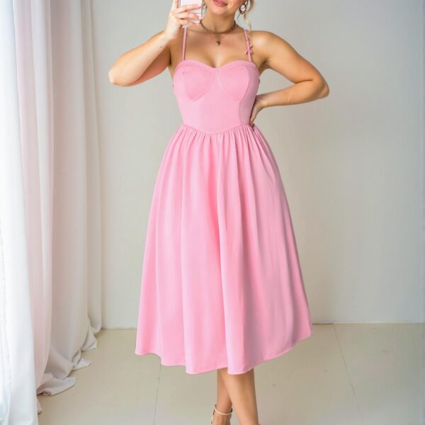 Elegant Pink Flared High Waist Cami Dress with Backless Design, Perfect for Valentine's Day and Tea Parties - Chic, Classy, and Trendy Fashion Style to Dress to Impress