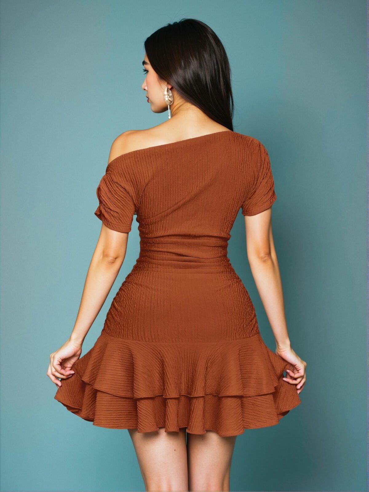 Elegant Rust Brown Asymmetrical Neck Long Sleeve Tiered Ruffle Mini Dress for Spring and Summer - Chic, Classy and Trendy Fashion Style to Dress to Impress - Image 2