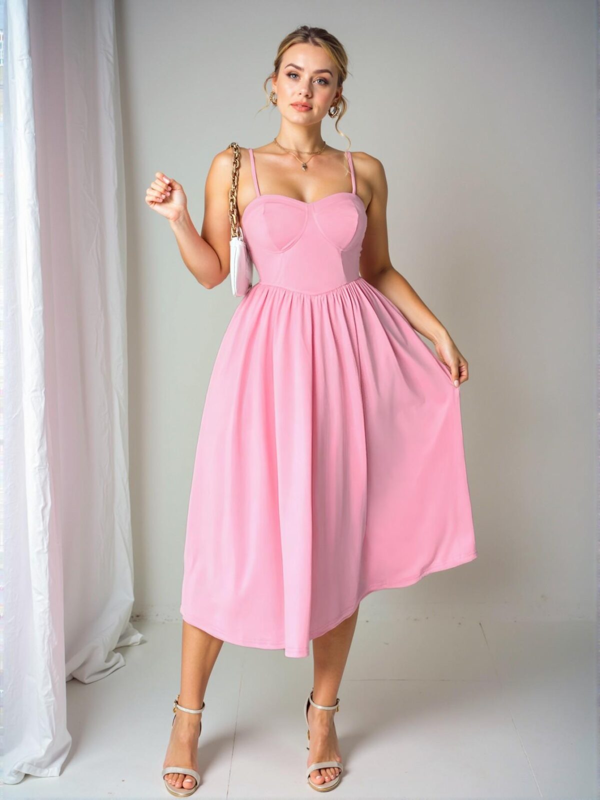 Elegant Pink Flared High Waist Cami Dress with Backless Design, Perfect for Valentine's Day and Tea Parties - Chic, Classy, and Trendy Fashion Style to Dress to Impress - Image 3